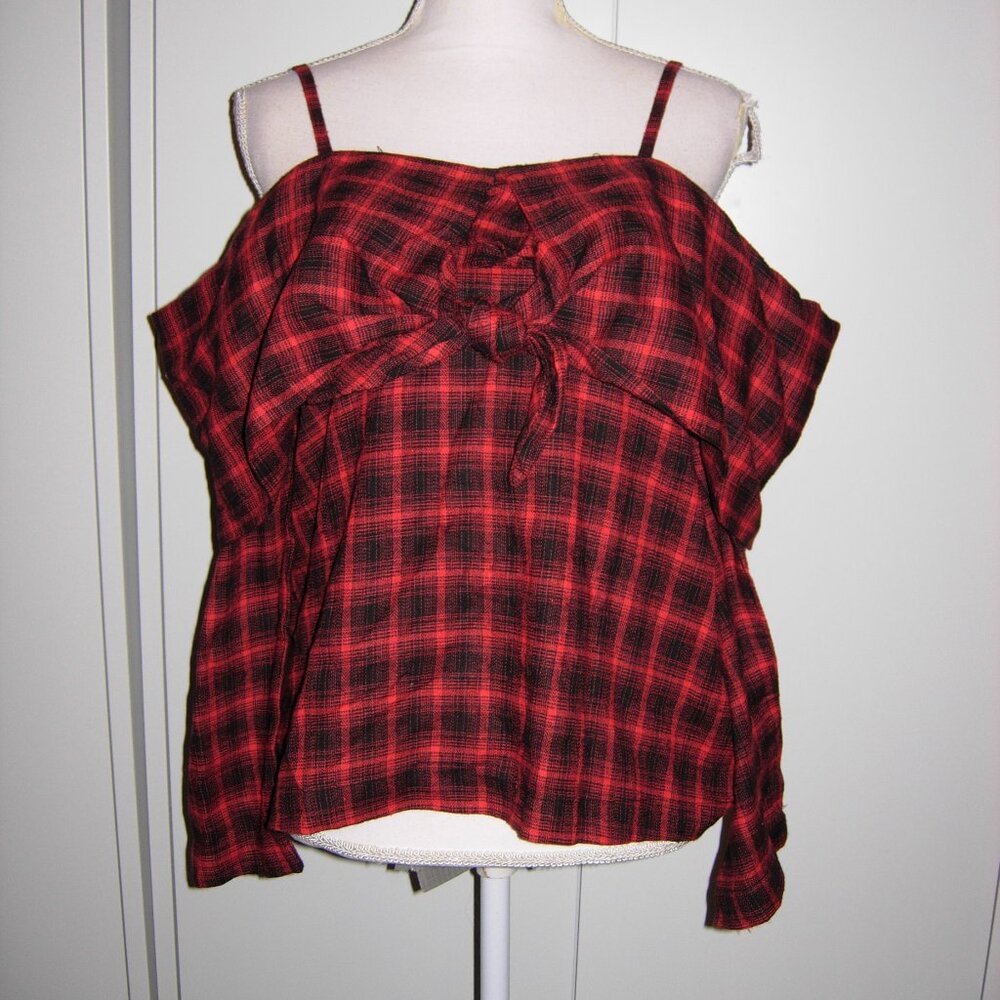 Love Riche Red Black Flannel Off Shoulder Top M
